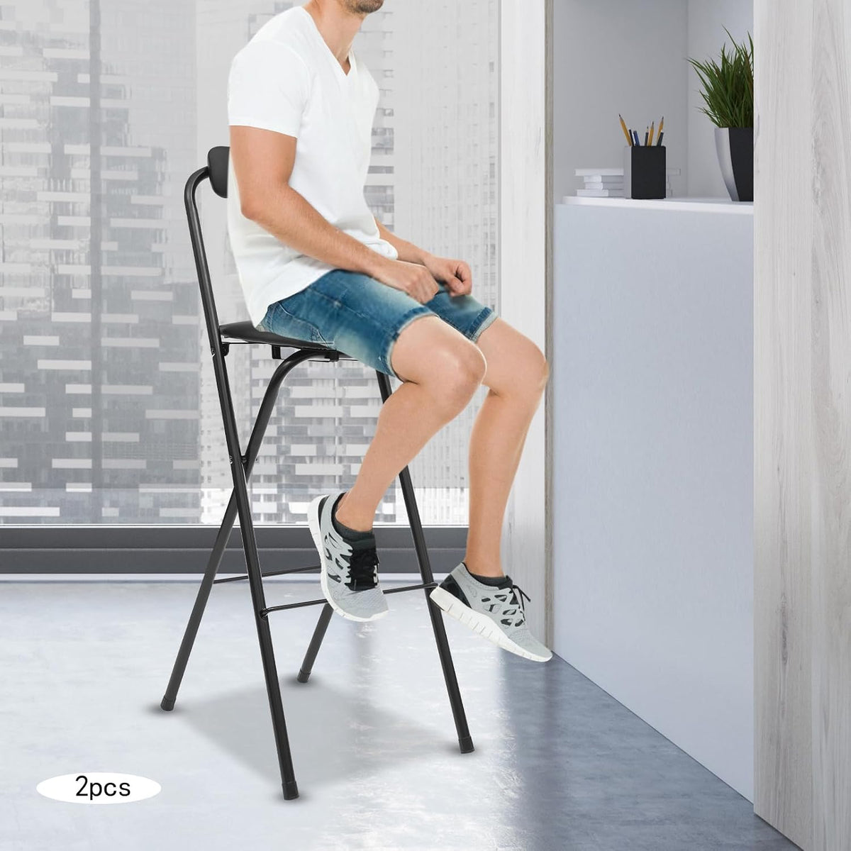 2 Pcs Folding Bar Stool with Backrest 29.5 Inch Tall Foldable Stool Chair Portable Folding Bar Chair for Kitchen Cafe Dining Room (Black)