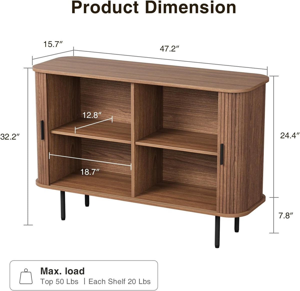 FiveWillowise 47''W x 32''H Buffet Sideboard Cabinet with Storage, Fluted Storage Accent Cabinet with Curvy Edge, Sliding Door, Credenza, Console Table for Living Room, Kitchen, Walnut