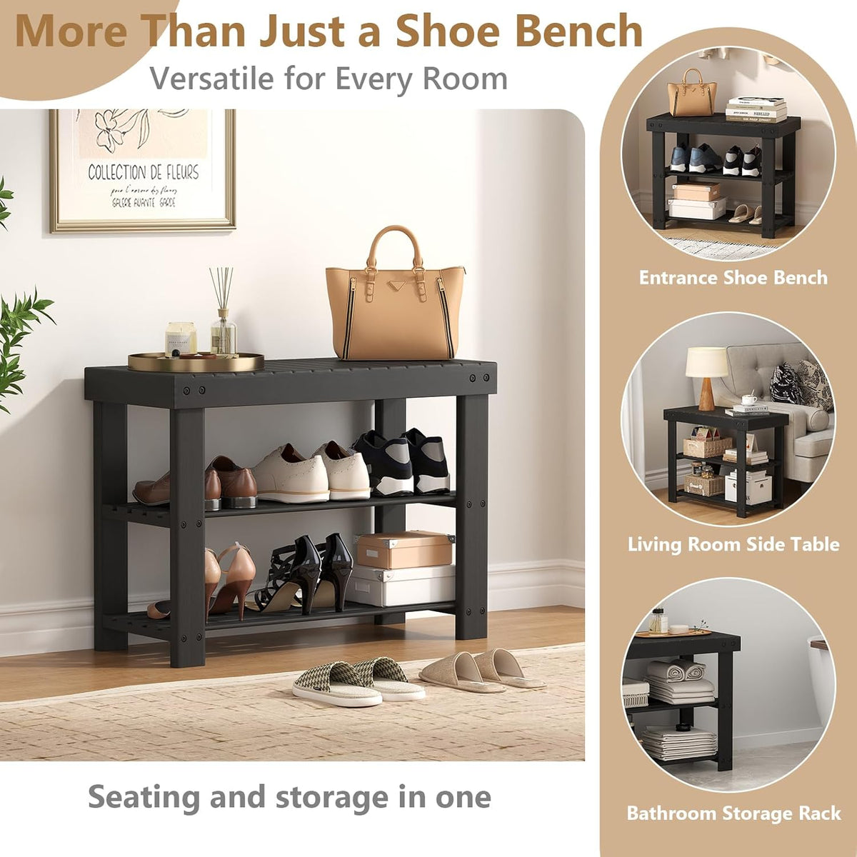 Sweetcrispy Shoe Rack Bench, 3-Tier Bamboo Entryway Storage Organizer, 286lb Capacity, Shoes Stand for Front Door Entrance, Bedroom, Living Room, Bathroom, Balcony, 11.3 x 27.6 x 17.8 Inches, Black