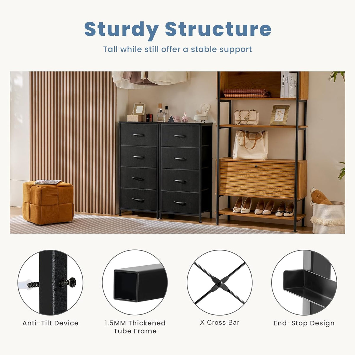 DUMOS Nightstand with 4 Drawers Bedside Table with Removable Fabric Bins Sturdy Steel Frame Wood Top Organizer Furniture for Bedroom Closet Living Room
