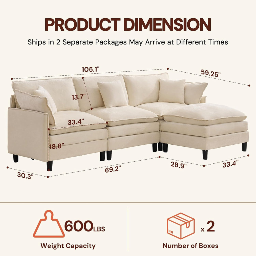 Korser 105" L-Shaped Modular Sectional Sofa, 3-Seater Cloud Couch with 1 Movable Ottoman, Modern Chenille Sofa Set with Removable Washable Pillows for Living Room, Bedroom, Apartment