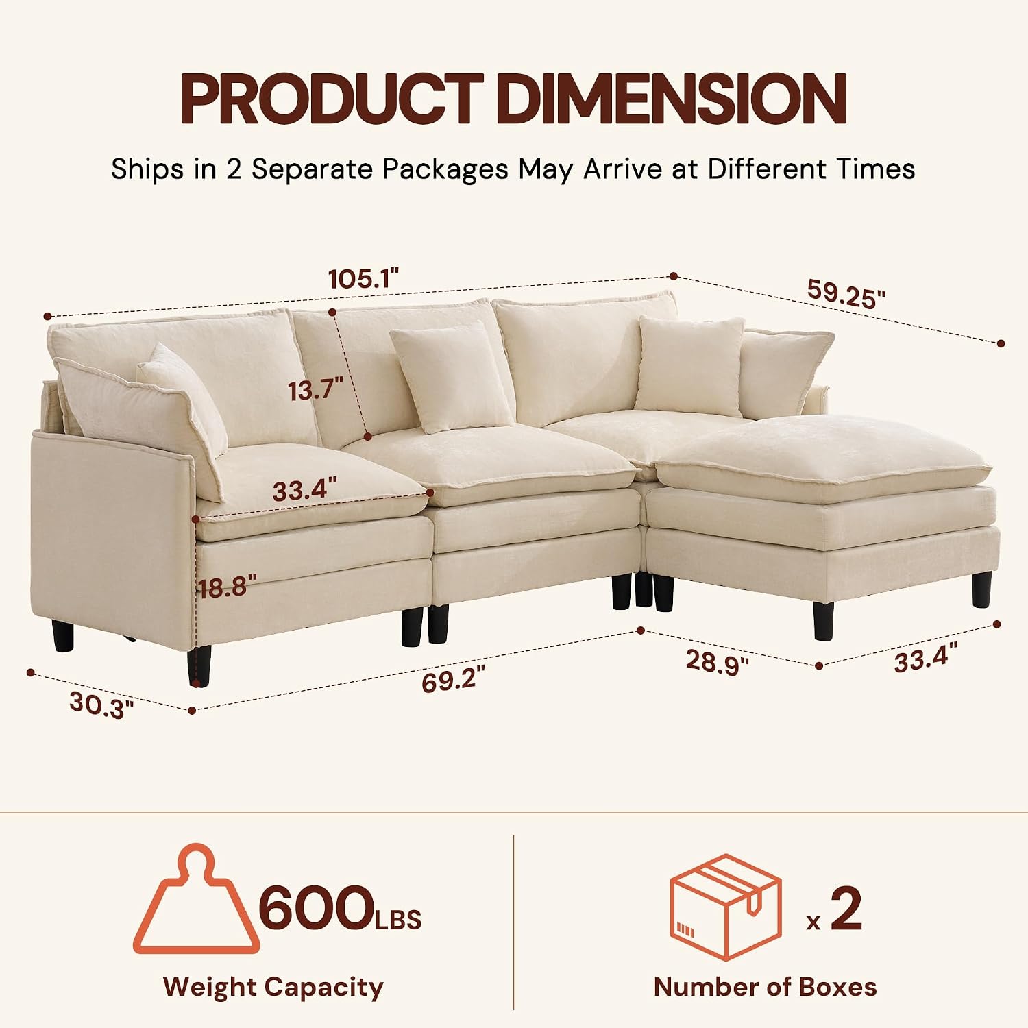 Korser 105" L-Shaped Modular Sectional Sofa, 3-Seater Cloud Couch with 1 Movable Ottoman, Modern Chenille Sofa Set with Removable Washable Pillows for Living Room, Bedroom, Apartment