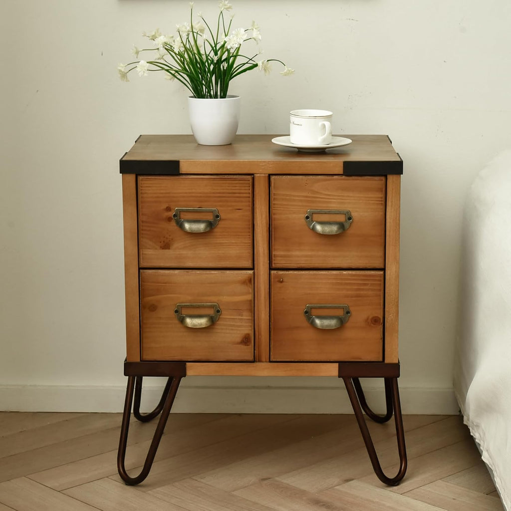 eHemco Antique Style 4-Drawer Storage End Table Side Table with Metal Hairpin Legs, Antique Walnut