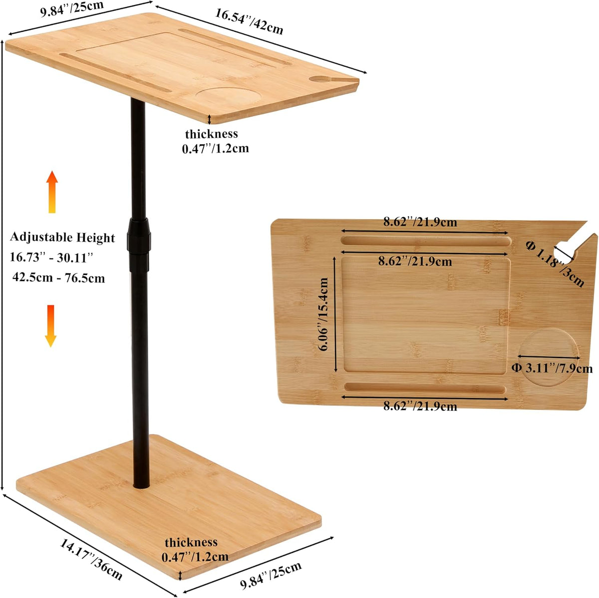 Bamboo Couch Tray Table Height Adjustable C-Shaped End Table with Slots 2 Tier Sofa Side Table for Living Room & Bedroom (Rectangle + Rectangle)