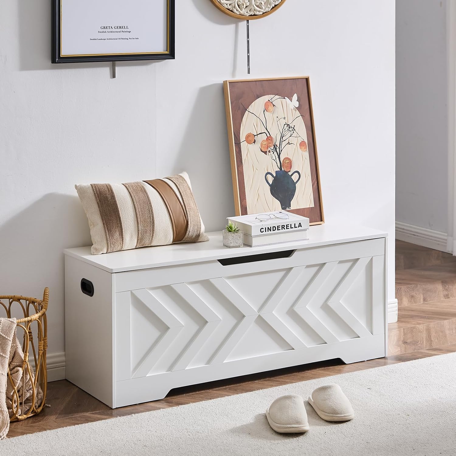 47.2” Storage Bench,Extra Large Wooden Storage Chest with 2 Safety Hinges,entryway Bench,Blanket Storage,Shoe Storage Bench for Entryway,Bedroom,Living Room,Easy Assembly. (White)