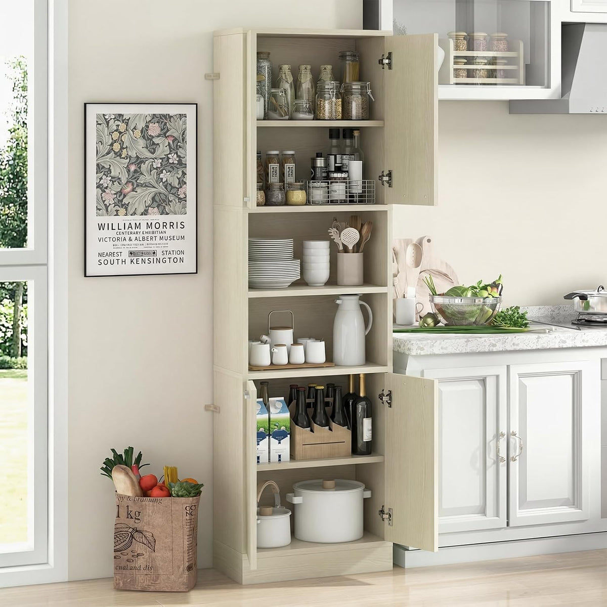 Giantex Kitchen Pantry Cabinet, 75'' Tall Freestanding Cupboard with Doors & Shelves, Safety Hinges & Anti-Tipping Devices, Storage Sideboard for Dining Room, Living Room (Light Oak)