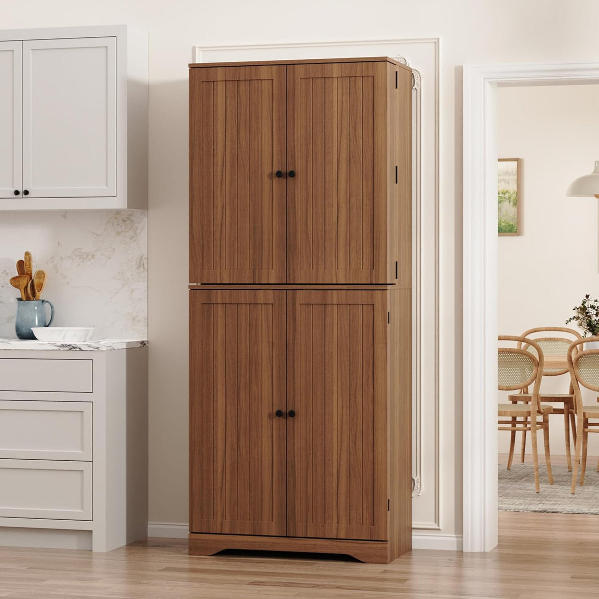 Furnify 72" Tall Kitchen Pantry, Farmhouse Pantry Storage Cabinet with Doors Organizer, Freestanding Cupboard with Adjustable Shelves, Rustic Buffet Cabinet for Kitchen, Dining Room, Bathroom, Walnut