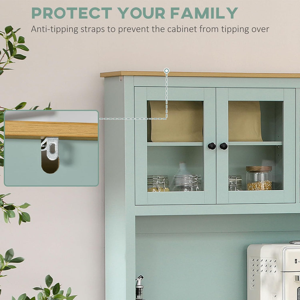 HOMCOM Kitchen Pantry Storage Cabinet with Microwave Stand, 71" Modern Kitchen Hutch with Open Countertop, Glass Doors, Storage Drawers and Adjustable Shelves for Dining Room, Coffee Bar, Light Green
