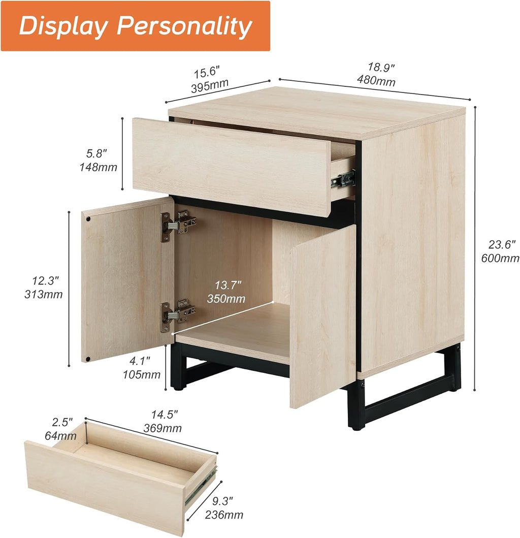 WAMPAT Modern End Table with 1 Drawer & 1 Storage Cabinet, Farmhouse Sofa Table, Wooden Rustic Side Sofa Table with Metal Leg for Living Room, Nighstand for Bedroom, Beige, 1 Psc