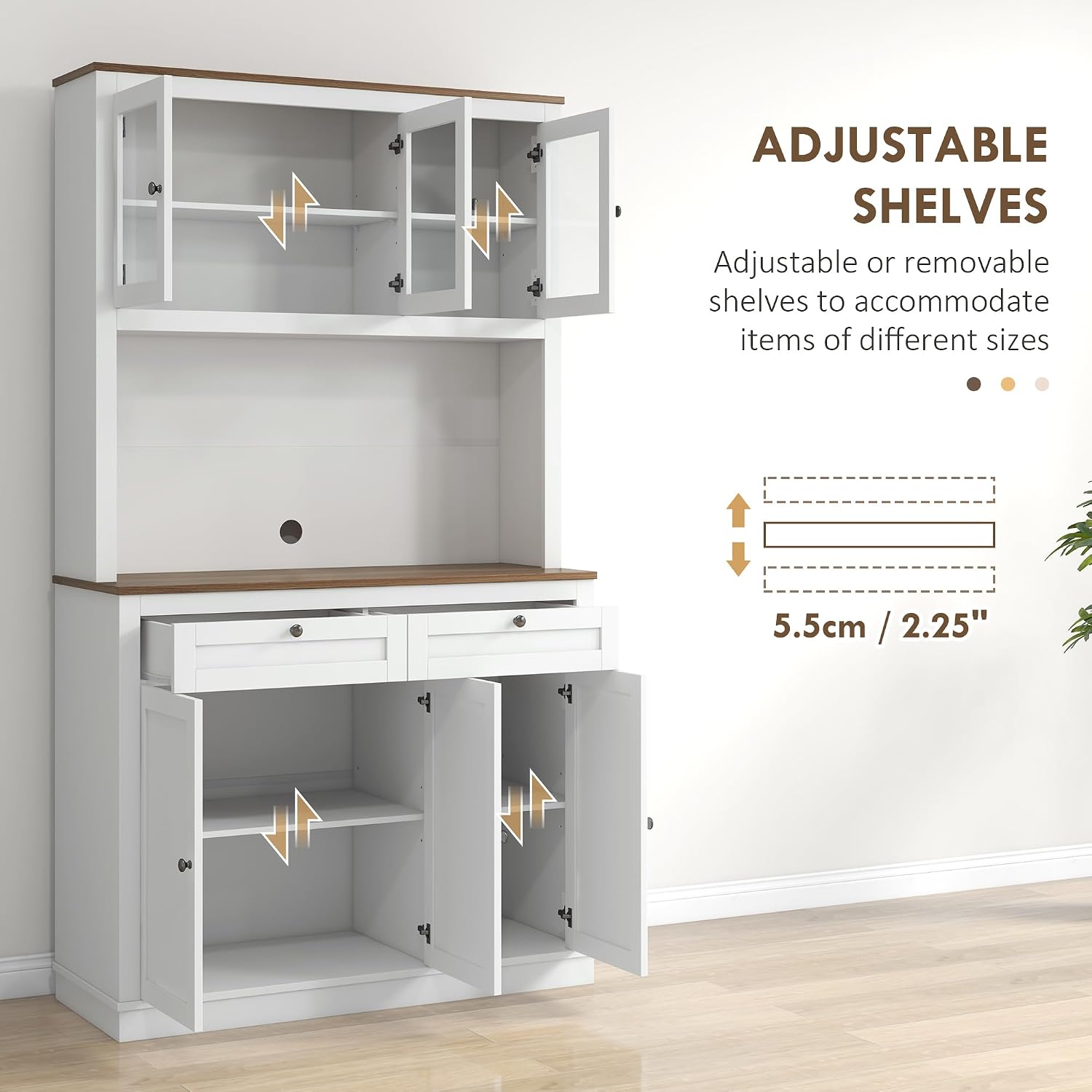 71" Tall Kitchen Pantry, Freestanding Kitchen Hutch Storage Cabinet with Glass Doors, 2 Drawers, Adjustable Shelves for Dining Room Kitchen