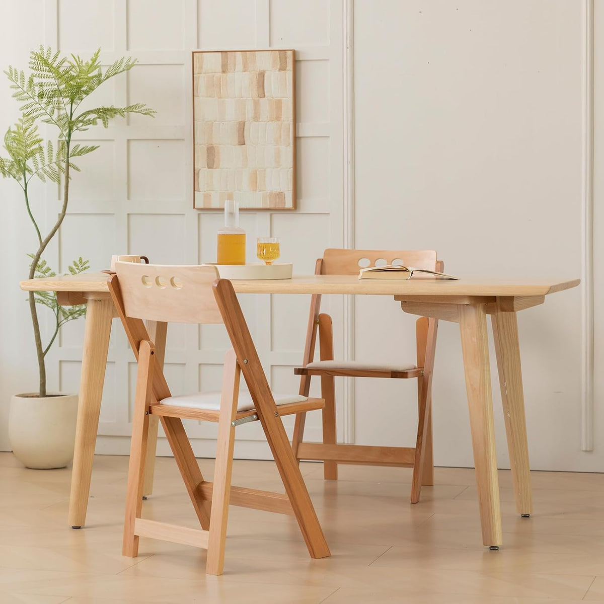 Wooden Folding Chair, Round Hole backrest,Natural Color,Set of 4 | Wooden folding chair with soft cushion, durable comfy, no assembly, ideal for home, wedding, banquet and indoor activities