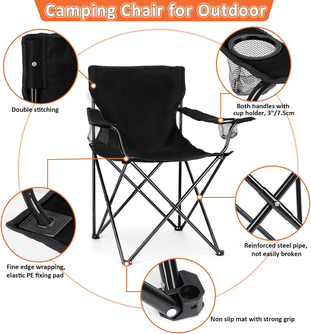 Leonyo 2 Pack Camping Chairs for Adults, Lawn Chairs with Table, Heavy Duty Folding Chairs for Outside Oversized & Comfy Sports Chair for Adults Fishing, Beach, Patio, Hiking, Lawn, Travel - Black