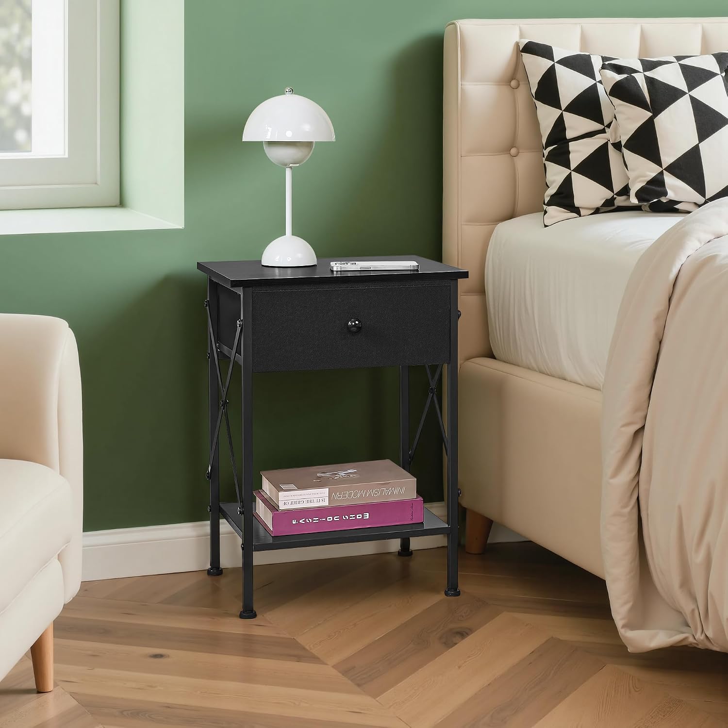 VECELO Nightstand Set of 2, X-Design End Side Table with Fabric Storage Drawer and Open Shelf, Bedside Night Stand with Steel Frame for Bedroom, Living Room,Dorm, Easy Assembly, Black