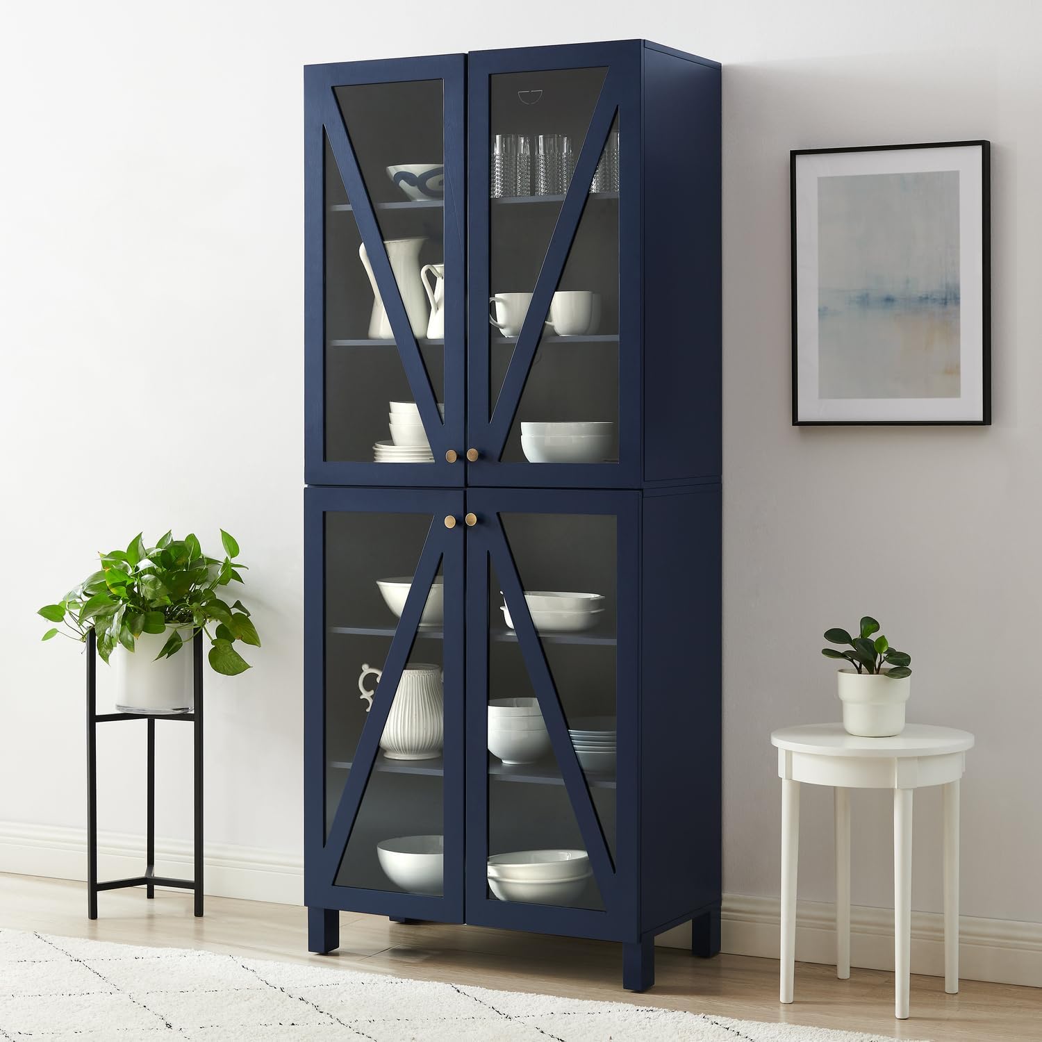 Maykoosh Tall Kitchen Pantry - Stackable Storage Cabinet with Glass Doors, Navy