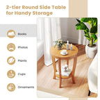 GOFLAME 2-Tier Round End Table, 18” Sofa Side Table with Storage Shelf, Floor Tea Table with Solid Wood Legs, Compact Nightstand for Small Space, Living Room, Bedroom, Light Brown