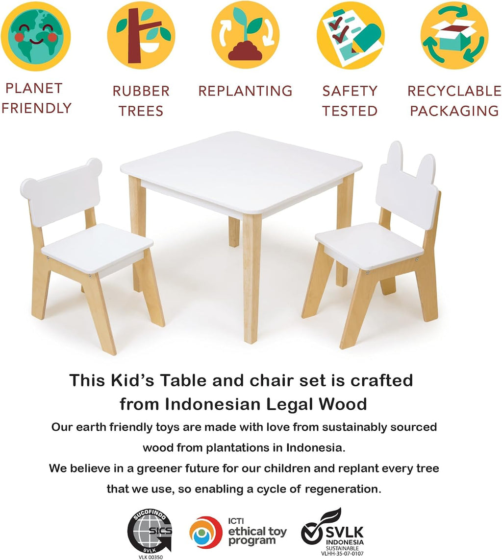 Mentari Toys - Kid’s Table and Chair Set - Wooden Easy Clean Table and 2 Animal Themed Chairs - Children’s Playroom, Classroom Furniture - Sturdy Set for Play and Learning - Age 3+