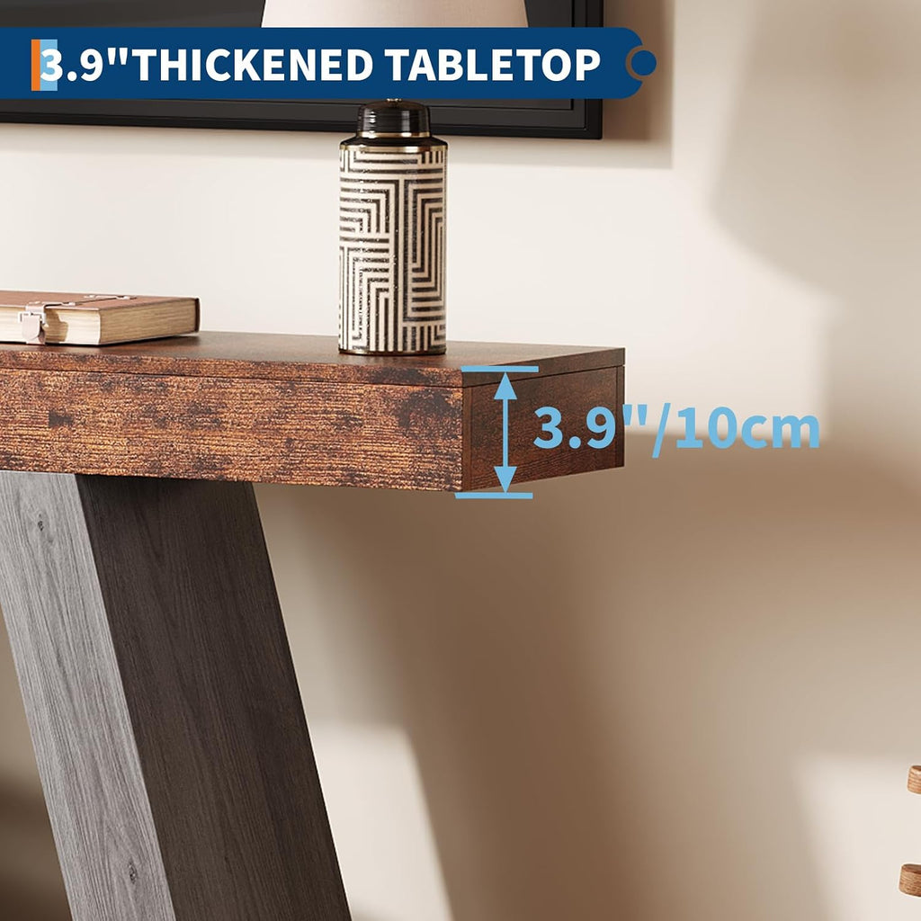 55in Farmhouse Console Table - 2-Tier Wooden Trapezium Sofa Table - Skinny Entryway Furniture with Open Storage Shelf - Ideal for Living Room, Behind Couch, Hallway - Gray