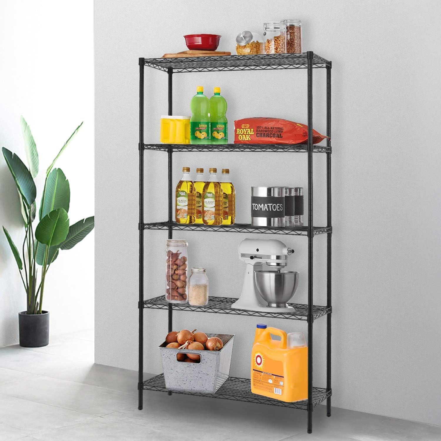 FDW 14" D×36" W×72" H Wire Shelving Unit Commercial Metal Shelf with 5 Tier Adjustable Layer Rack Strong Steel for Restaurant Garage Pantry Kitchen Garage，Black