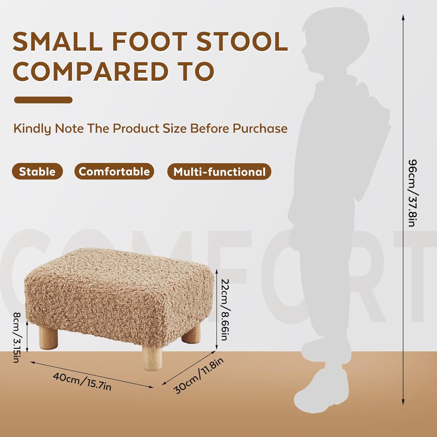 Small Foot Stool Ottoman, Sherpa Footstool Ottoman Foot Rest for Couch, Rectangle Footstools and Ottomans Small for Living Room, Entryway and Bedroom (Light Brown)