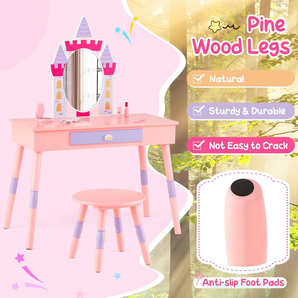 Costzon Kids Vanity Set, Girls Vanity Set with Mirror and Stool, Princess Makeup Dressing Table with Drawer, Growth Chart, Floating Shelves, Kids Vanity Table and Chair Set, Pink