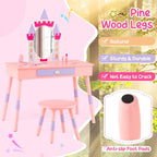 Costzon Kids Vanity Set, Girls Vanity Set with Mirror and Stool, Princess Makeup Dressing Table with Drawer, Growth Chart, Floating Shelves, Kids Vanity Table and Chair Set, Pink