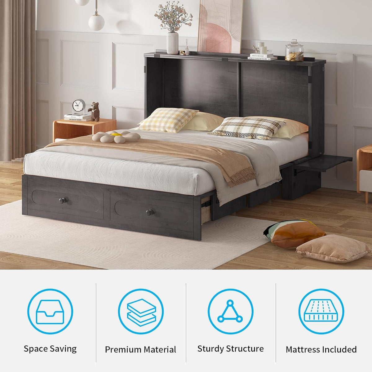 Mjkone Queen Murphy Bed Cabinet with Tri-fold Mattress, Cabinet Bed with Built-in Charging Station, Storage Drawer, Solid Wood Cabinets Bed, Cube Murphy Chest Beds for Guest Room, Home, Office, Grey