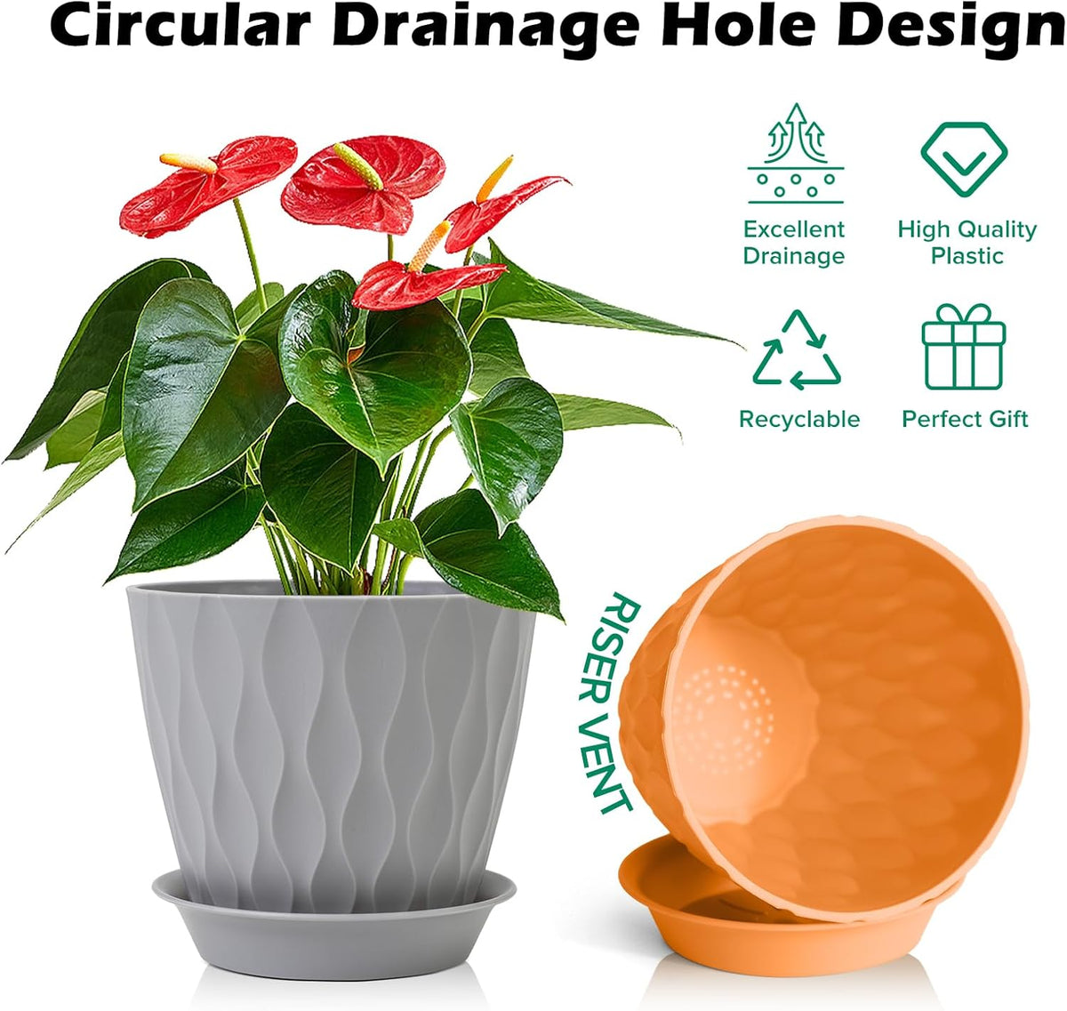 GARDIFE 7/6.5/6/5.5/5/4.5/4 inch Plant Pots, 7 Pack Flower Pots Indoor Outdoor, Planters with Drainage Holes and Tray Saucers (Color-Green)