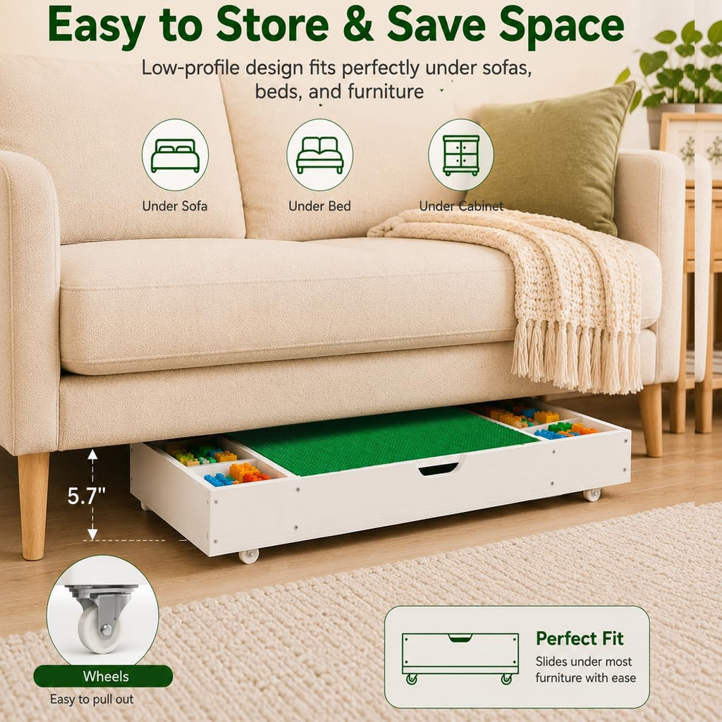 Kids Building Block Table, 3-in-1 Whiteboard Road Map with Storage | Kids Activity Table With 11 Detachable Storage Partitions, Removable Wheels And Low-Profile Under-Bed Or Sofa Design