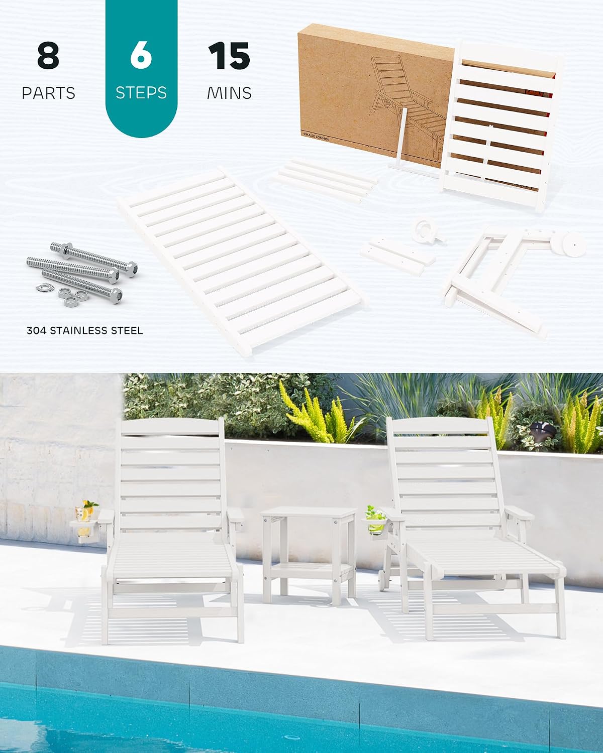 SERWALL Patio Chaise Lounge Chair Set of 2, 78'' Long 5-Positions Adjustable HDPE Outdoor Lounger for Pool, Poly Lounge Chair with Rolling Wheels & Cup Holder for Poolside, Deck, White