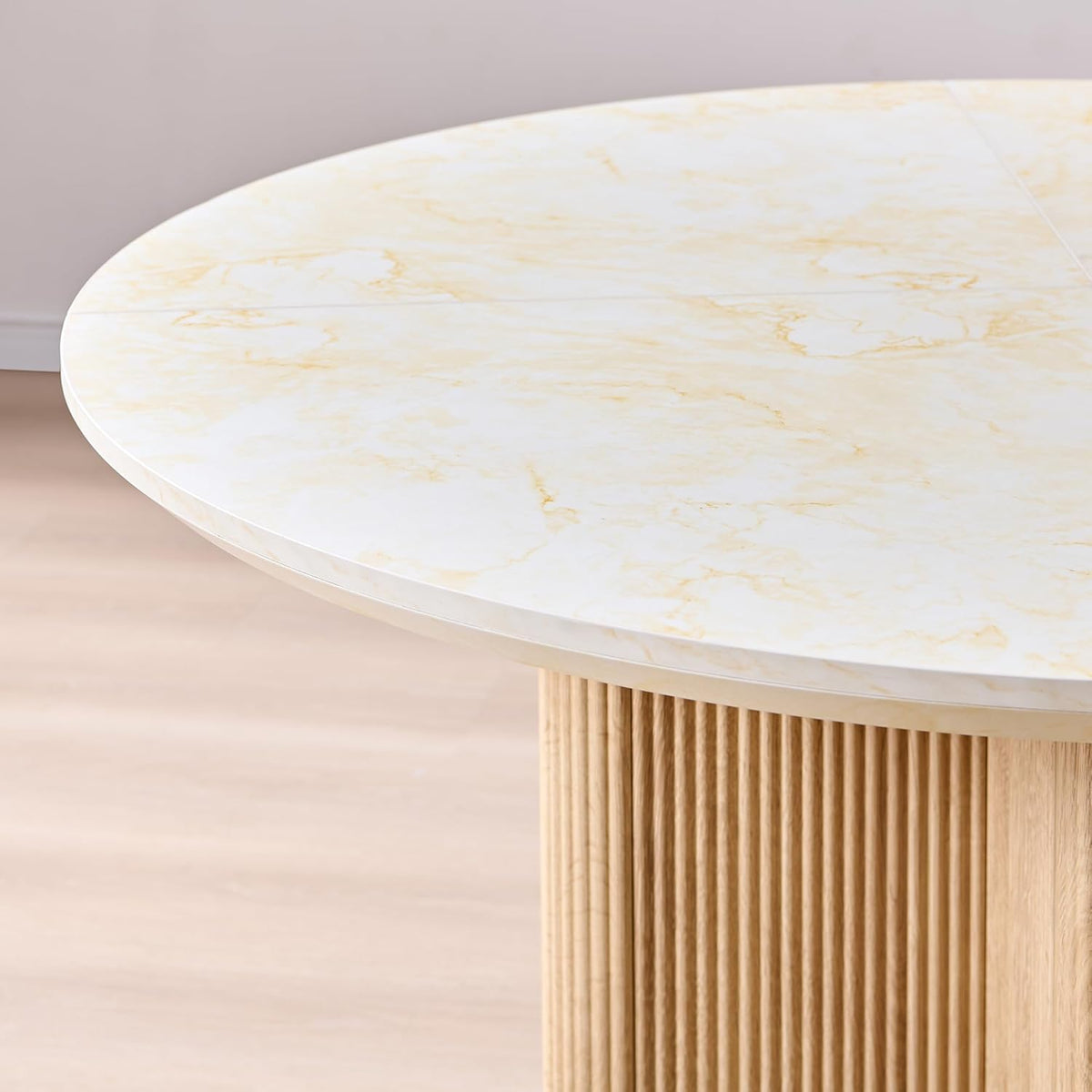 OKD Fluted Round Dining Table for 4, 47" Modern Kitchen Table with Thickened Edge & Sturdy Pedestal Base for Kitchen Living Room,Marble & Natural Oak(Table Only)