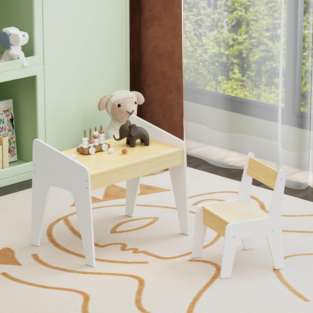 Kids Table and Chair Set, Wooden Children's Study Desk & Play Table for Ages 2-8, White and Natural MDF Furniture