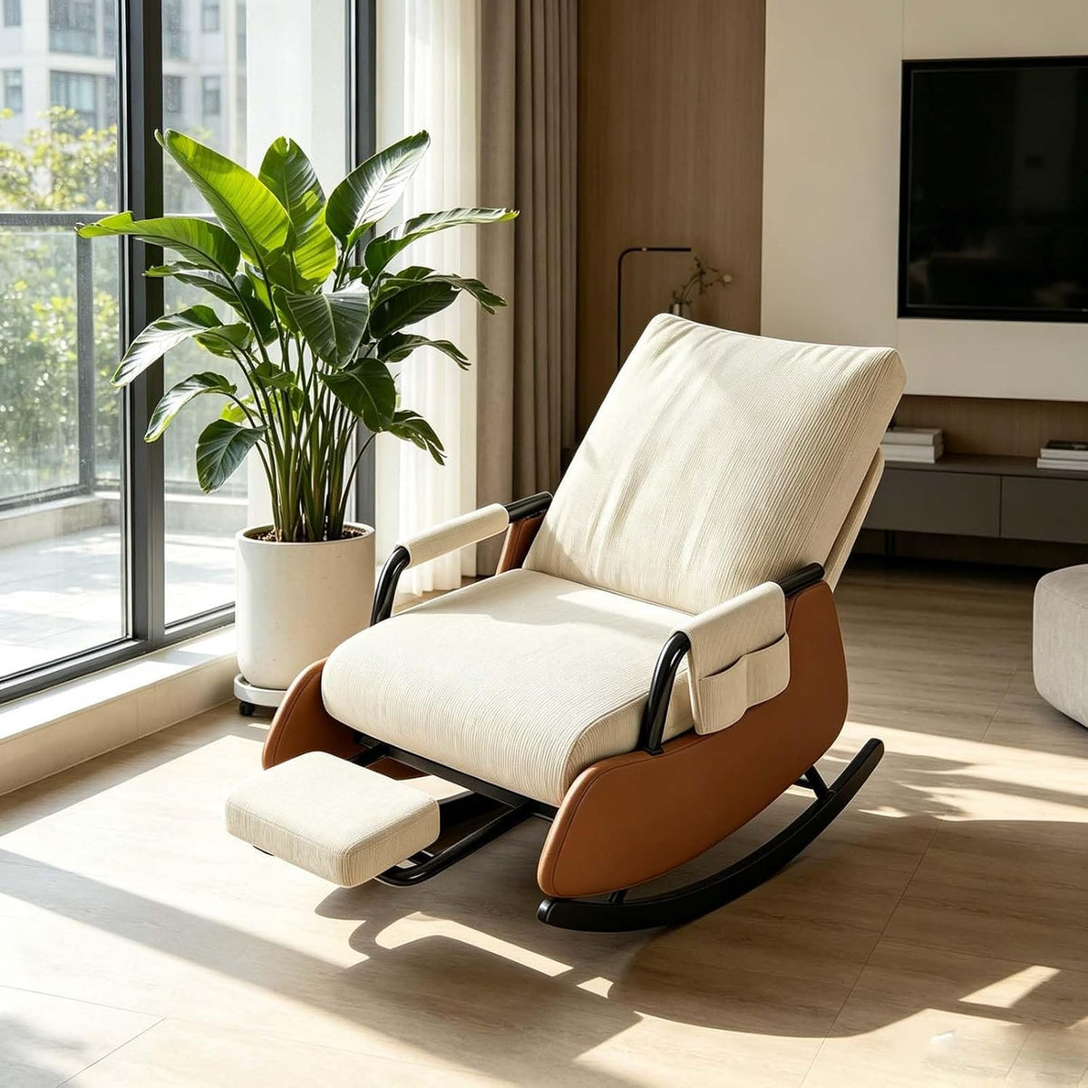 Portable Folding Rocking Lounge Chair with Detachable Footrest | Breathable Corduroy Single Relax Chair with Side Pocket for Home Rest