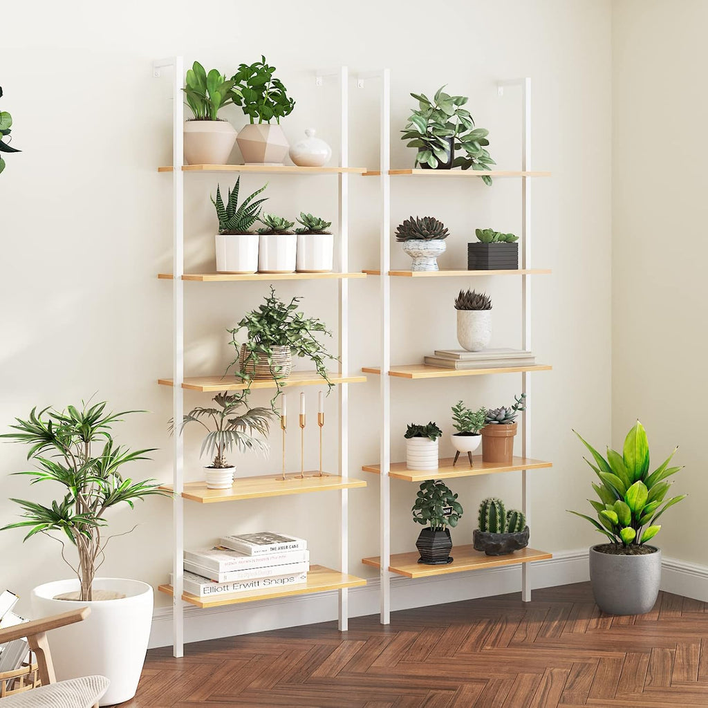 sogesfurniture Industrial Wall-Mounted Ladder Shelf, Wall-Mounted Bookshelf, 5-Tier Industrial Display Bookcase, Utility Storage Rack Shelf for Home, Living Room, Bedroom, Office SF02WT060WH