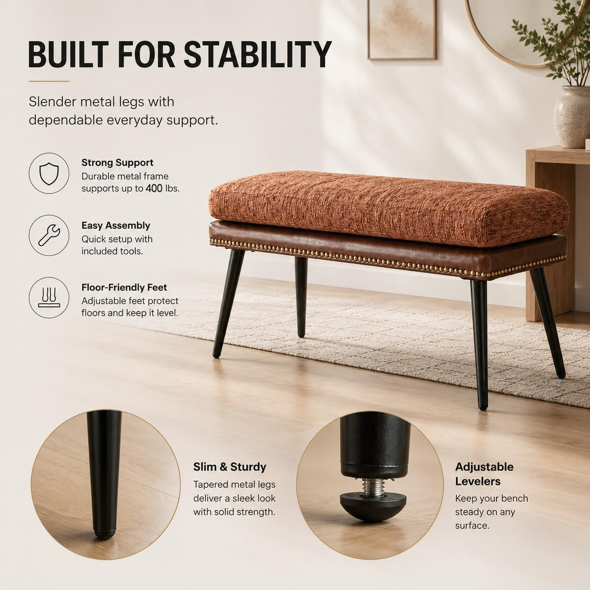 Forteek 32" Retro Upholstered Entryway Bench, Shoe Bench with Cushion | Leather & Fabric Padded Bench, End of Bed Bench for Bedroom, Dining Bench for Living Room, Storage Bench for Hallway & Foyer