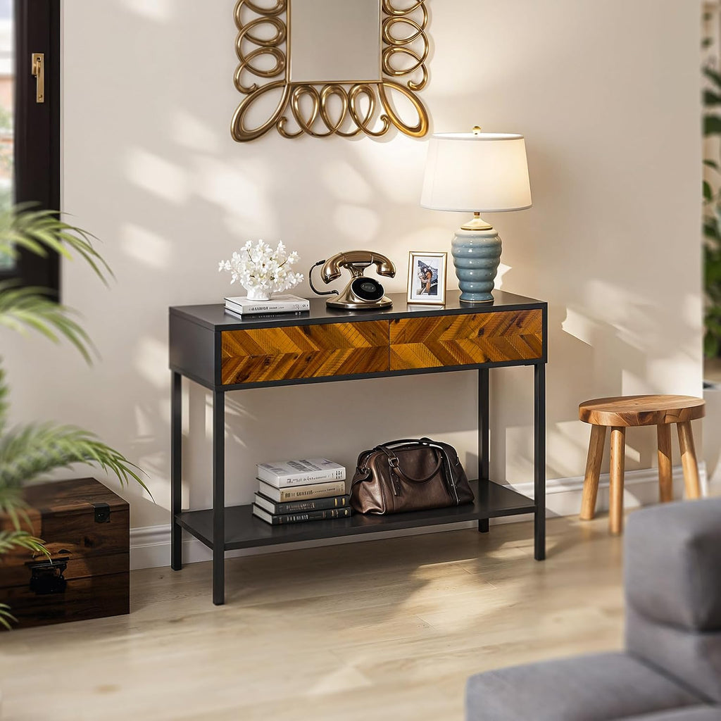 Bme Vivian Console Table with 2 Drawers, Solid Acacia Wood Entryway Table, Rustic Golden Brown Mid Century Modern Sofa Table with Storage, Solid Wood Hallway Table for Living Room or Foyer