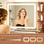 Glass Top Makeup Vanity with 3-Color LED Lighted Mirror & Power Strip, Large Vanity Table with 9 Drawers, Enclosed Cabinet & 2-Tier Open Shelves, Wooden Legs Bedroom Dressing Table, 47.2"W, Walnut