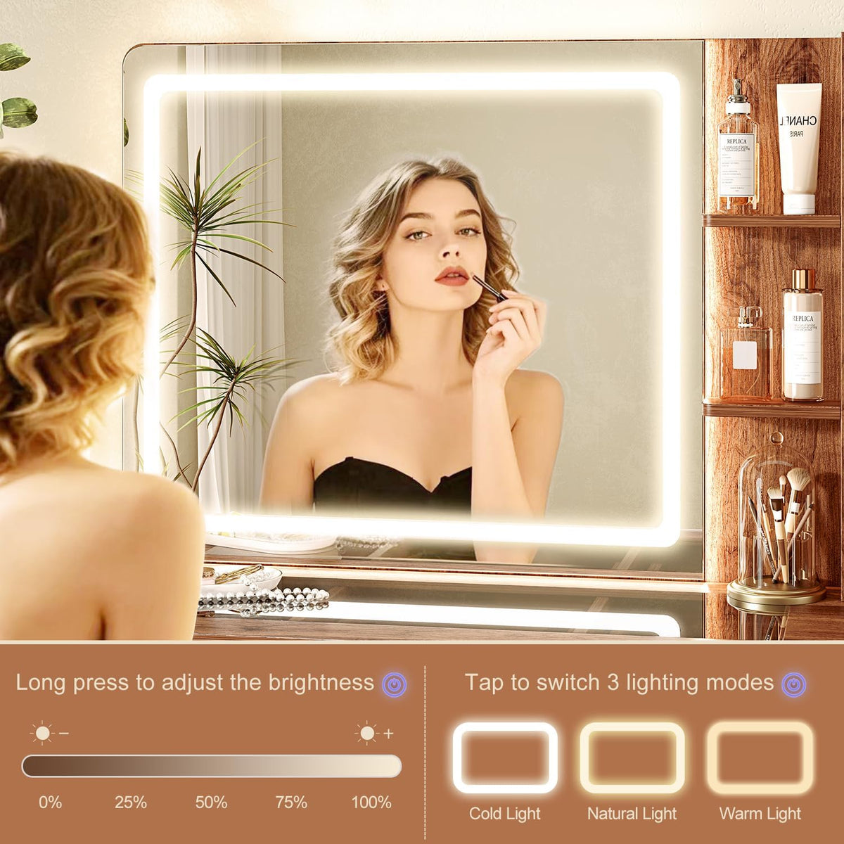 Glass Top Makeup Vanity with 3-Color LED Lighted Mirror & Power Strip, Large Vanity Table with 9 Drawers, Enclosed Cabinet & 2-Tier Open Shelves, Wooden Legs Bedroom Dressing Table, 47.2"W, Walnut