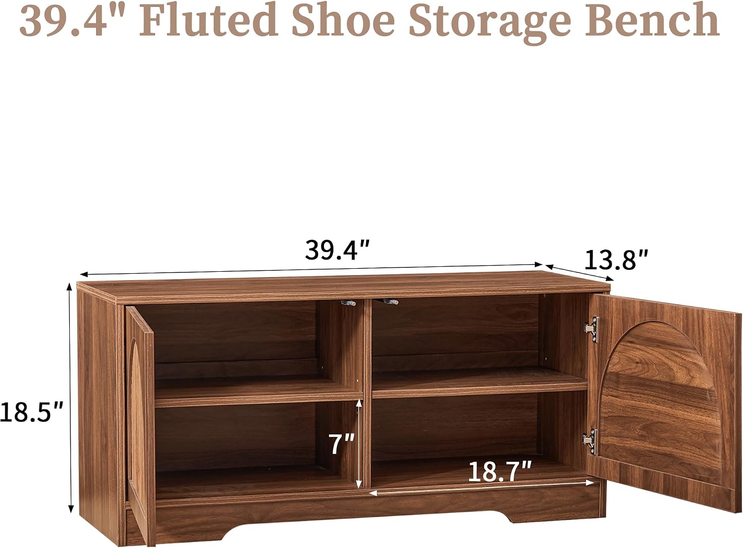 BERRYMERRY 39.4" Fluted Shoe Storage Bench for Entryway,2 Tier Shoe Cabinet Bench with Adjustable Shelf,Bench for Bedroom End of Bed (Walnut, 13.8”D x 39.4”W x 18.5”H)