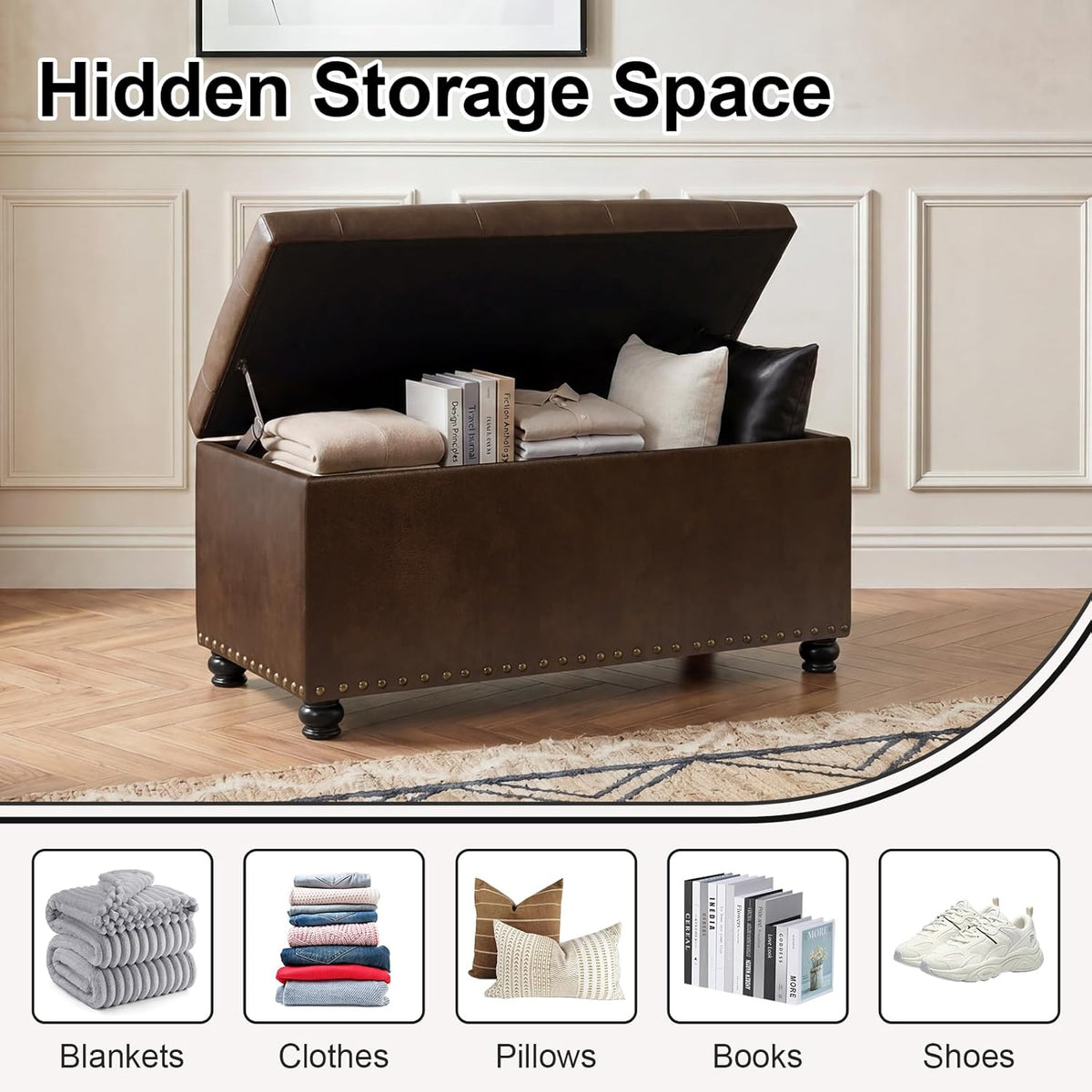 Asense Storage Ottoman Bench, Faux Leather Ottoman with Storage for Living Room Bedroom, Multi-Functional Storage Chest Foot Rest, Upholstered Bench for End of Bed, Entryway, 35.4" W
