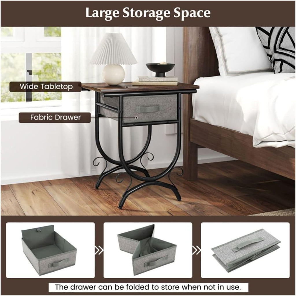 Side Table with Fabric Drawer & Metal Frame - Living Room, Bedroom - Black & Gray - 19" x 14" x 21"