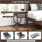 Side Table with Fabric Drawer & Metal Frame - Living Room, Bedroom - Black & Gray - 19" x 14" x 21"