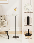 Drink Table, Small Pedestal Side Table, Round Cocktail Table, Circle Accent End Table with Metal Base, for Small Spaces (1, White Marble)