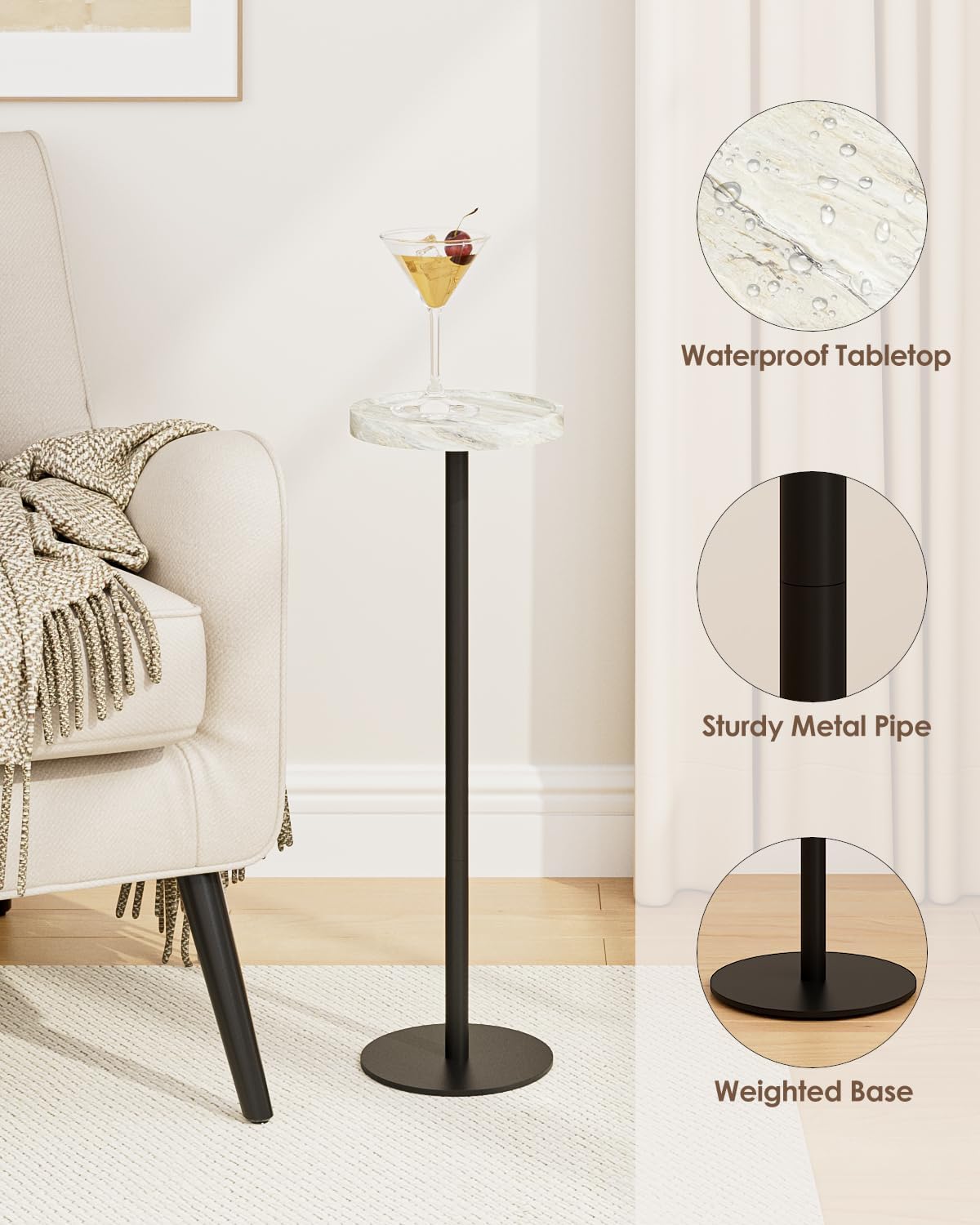 Drink Table, Small Pedestal Side Table, Round Cocktail Table, Circle Accent End Table with Metal Base, for Small Spaces (1, White Marble)