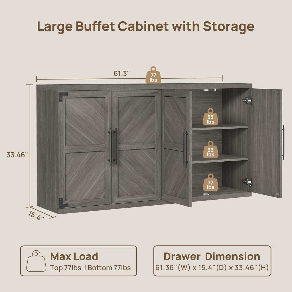 SICOTAS Buffet Cabinet with 4 Doors, Modern Sideboard Cabinet with Storage and Adjustable Shelves, Large Credenza Storage Cabinet (1, Ash Gray)