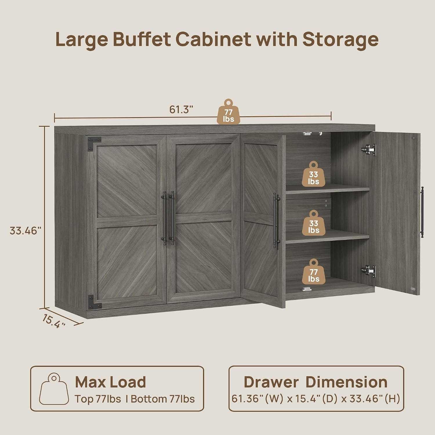 SICOTAS Buffet Cabinet with 4 Doors, Modern Sideboard Cabinet with Storage and Adjustable Shelves, Large Credenza Storage Cabinet (1, Ash Gray)