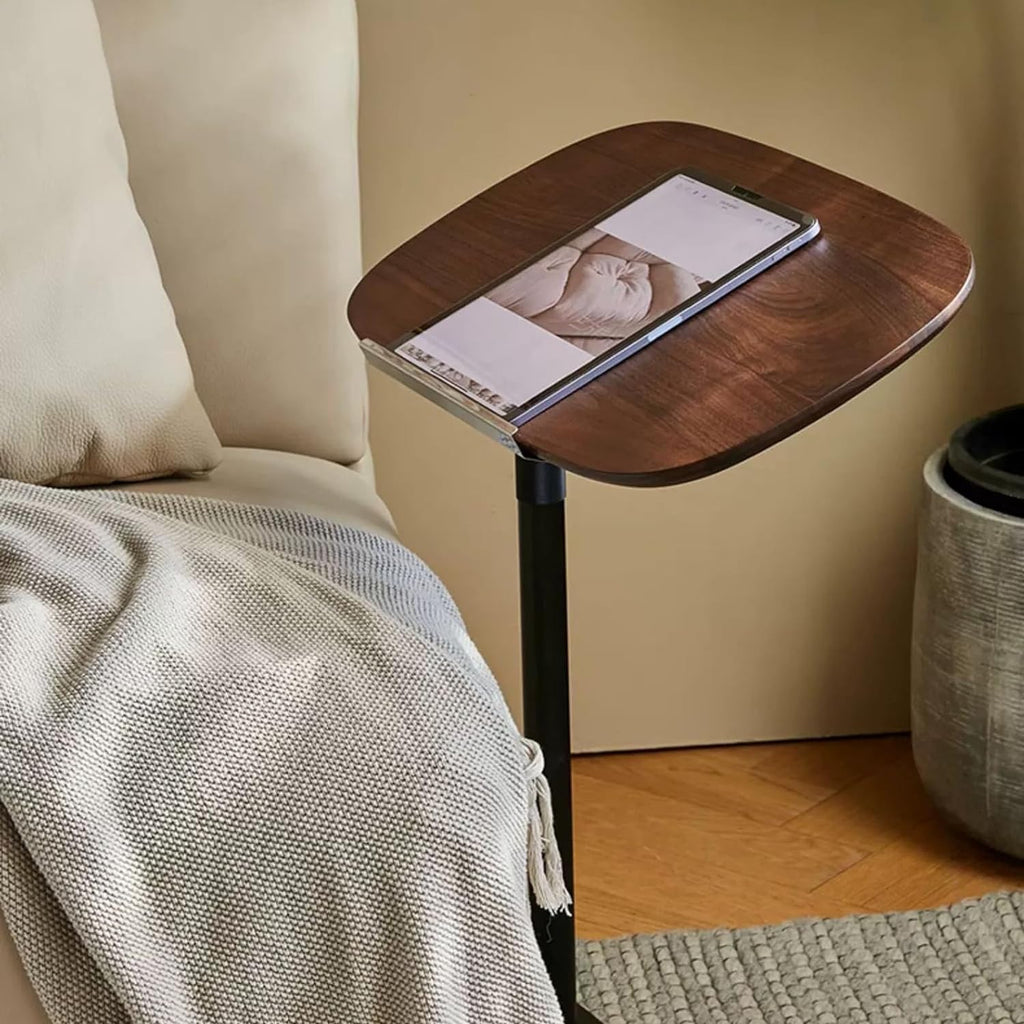 Modern C Shaped Side Table, with Adjustable Height and Swivel Top Sofa Table, Laptop Table for Living Room, Bedroom, Study and Small Spaces, Walnut Wood