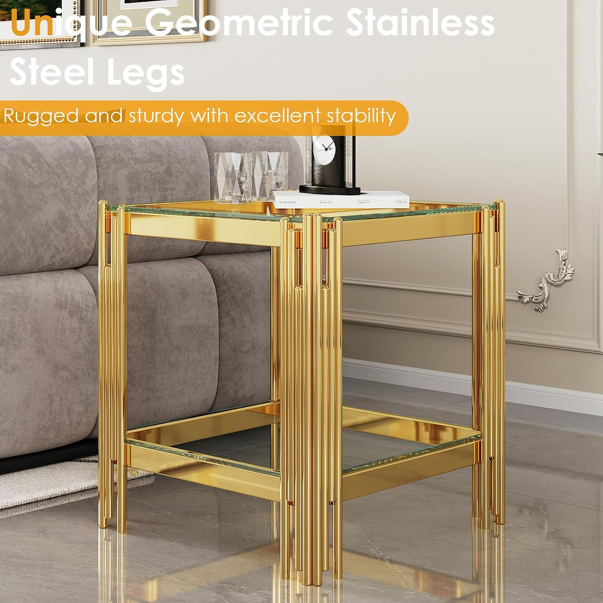 Small Side Table, Square End Table with Tempered Glass & Irregular Gold Stainless Steel Base, 2-Tier Modern Glass End Table with Storage Shelves, Luxury Accent Sofa Table for Living Room, Bedroom