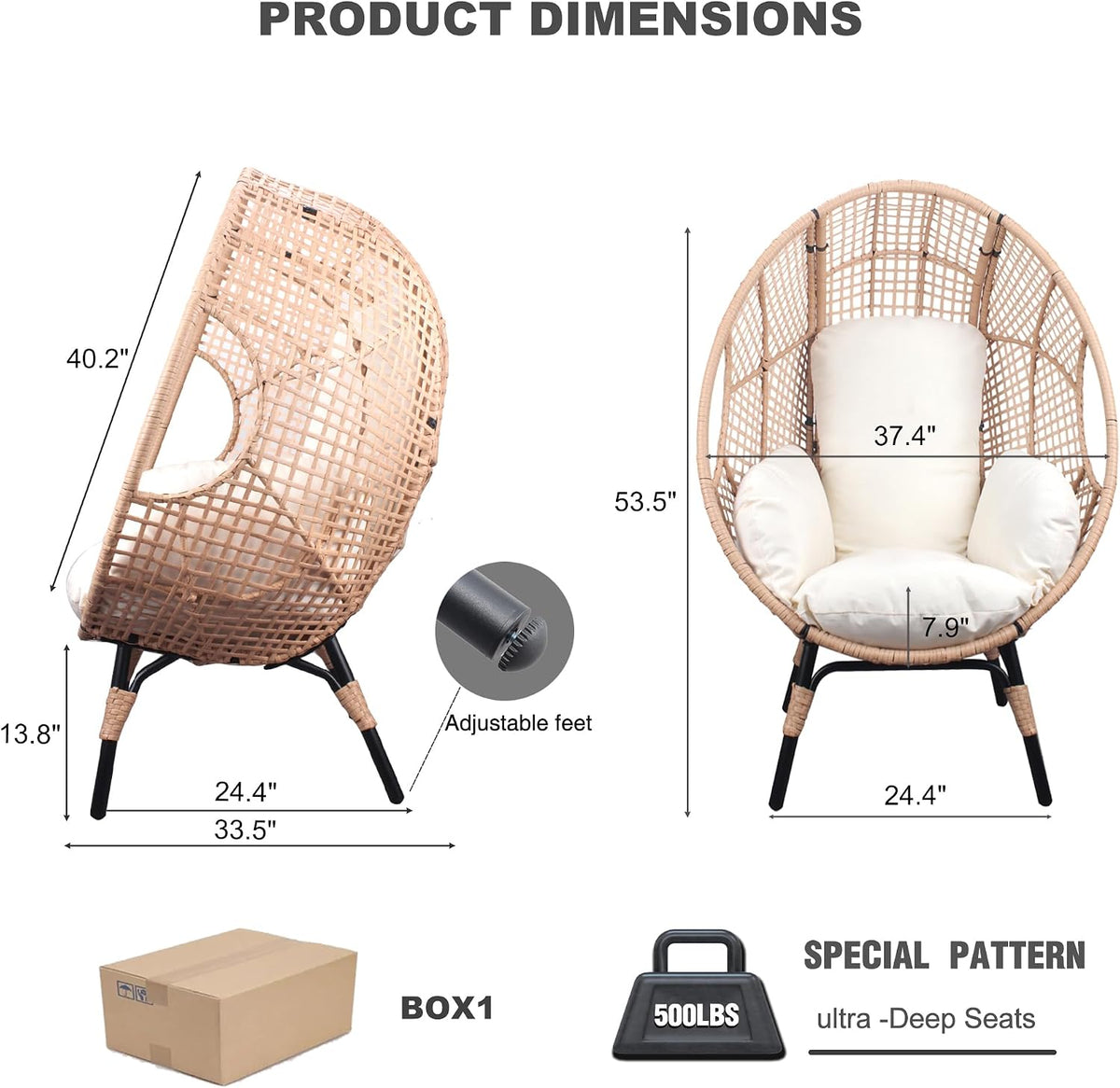Oversized Wicker Egg Chair Outdoor Indoor Rattan Patio Egg Lounge Chairs with Cushion 500lbs Capacity for Living Room, Balcony, Backyard(Beige)