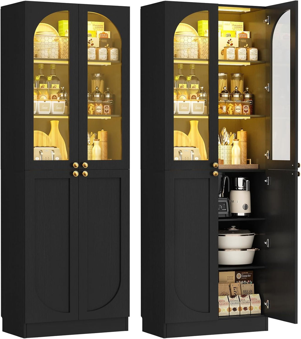 Cyclysio 80" Kitchen Pantry with 3 Motion Sensor Lights, Tall Arch Storage Cabinet with Tempered Glass Doors, Wood Floor Cupboard with Baseboard Cutout for Dining Room, Living Room, Bathroom