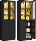 Cyclysio 80" Kitchen Pantry with 3 Motion Sensor Lights, Tall Arch Storage Cabinet with Tempered Glass Doors, Wood Floor Cupboard with Baseboard Cutout for Dining Room, Living Room, Bathroom